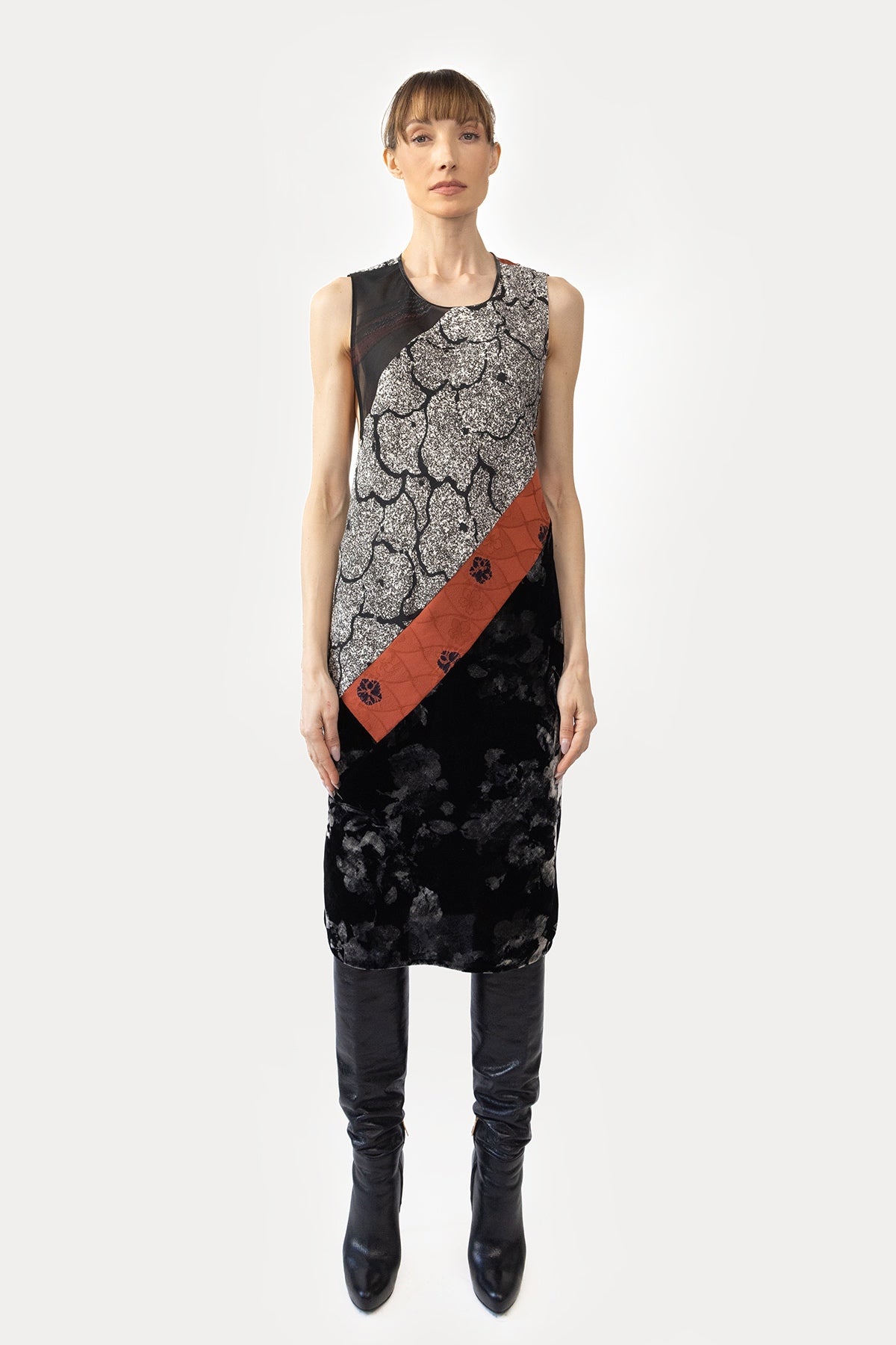 Midi Column Dress in Silk and Velvet Combo
