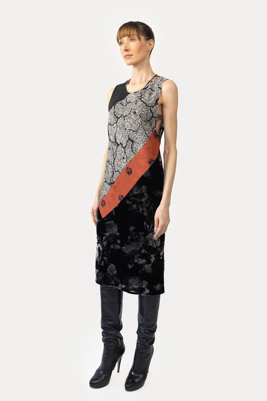 Midi Column Dress in Silk Kimono and Velvet Combo