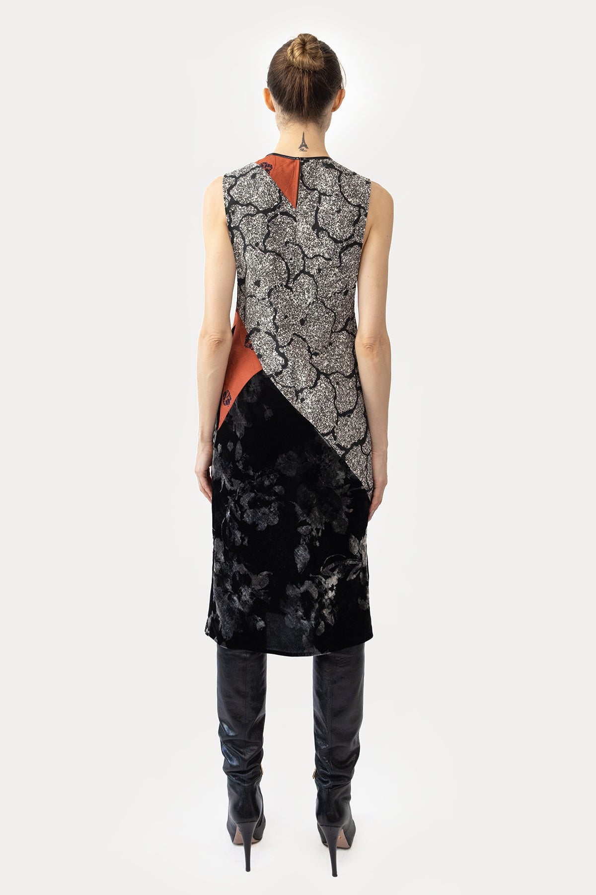 Midi Column Dress in Silk and Velvet Combo