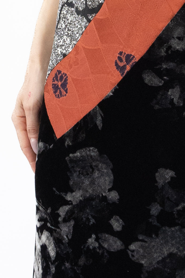 Midi Column Dress in Silk and Velvet Combo