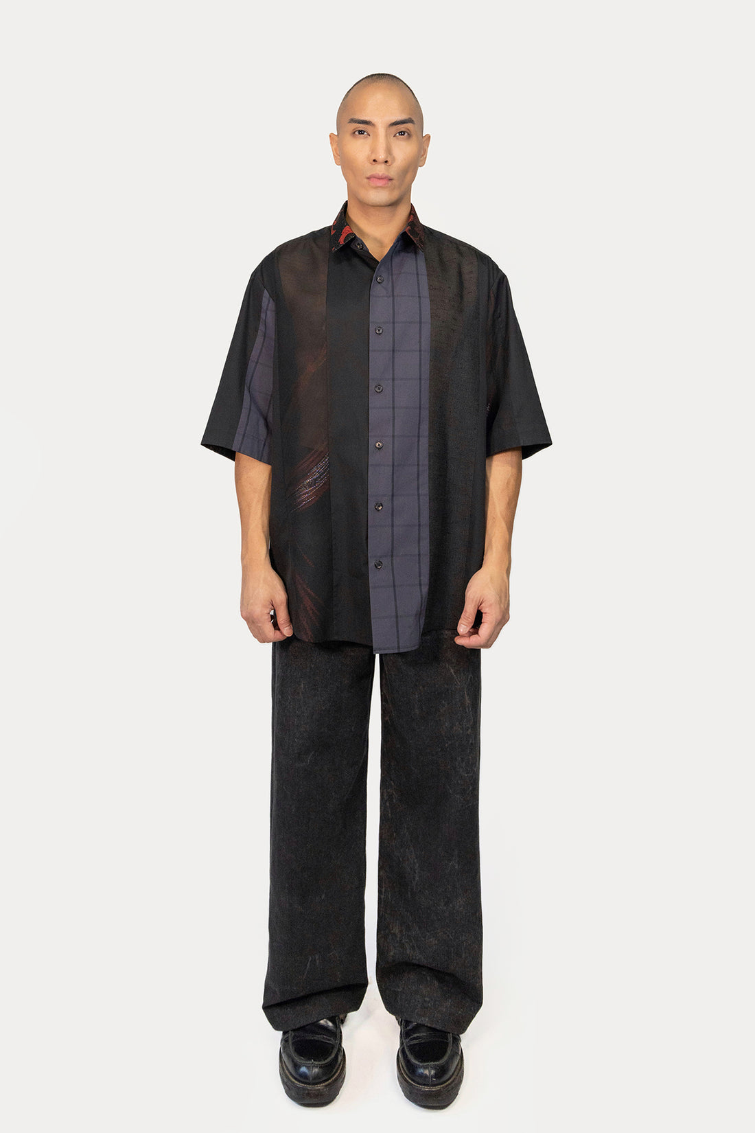 Short Sleeve Shirt in Silk Kimono and Poplin Combo