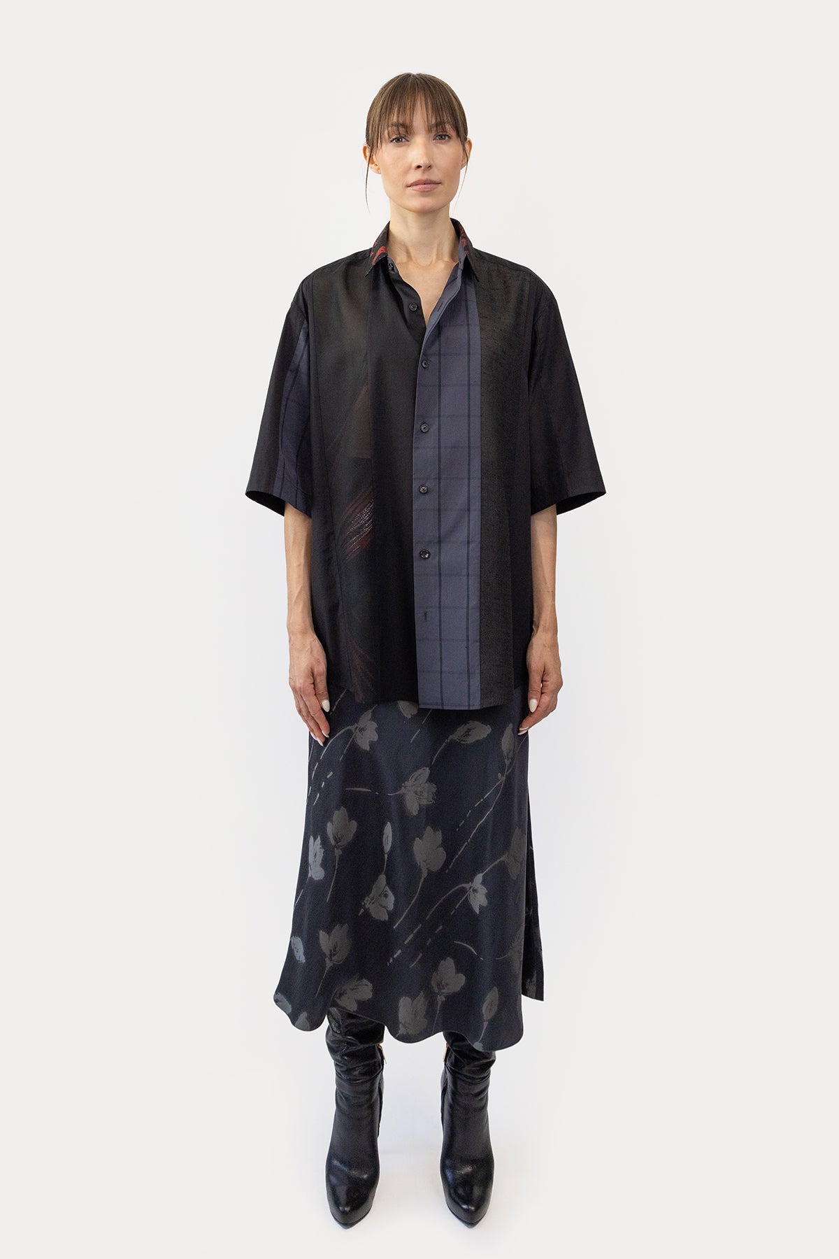 Short Sleeve Shirt in Silk Kimono and Poplin Combo