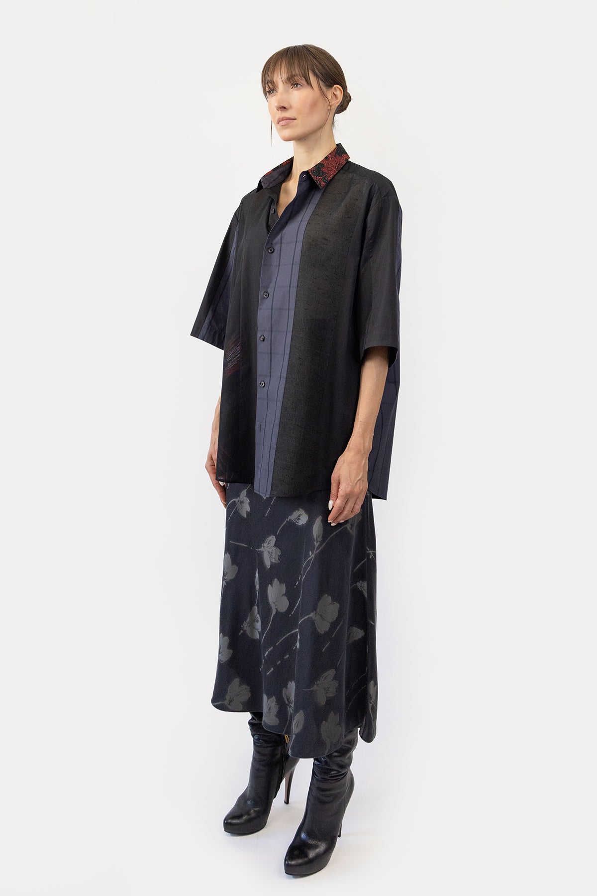 Short Sleeve Shirt in Silk Kimono and Poplin Combo