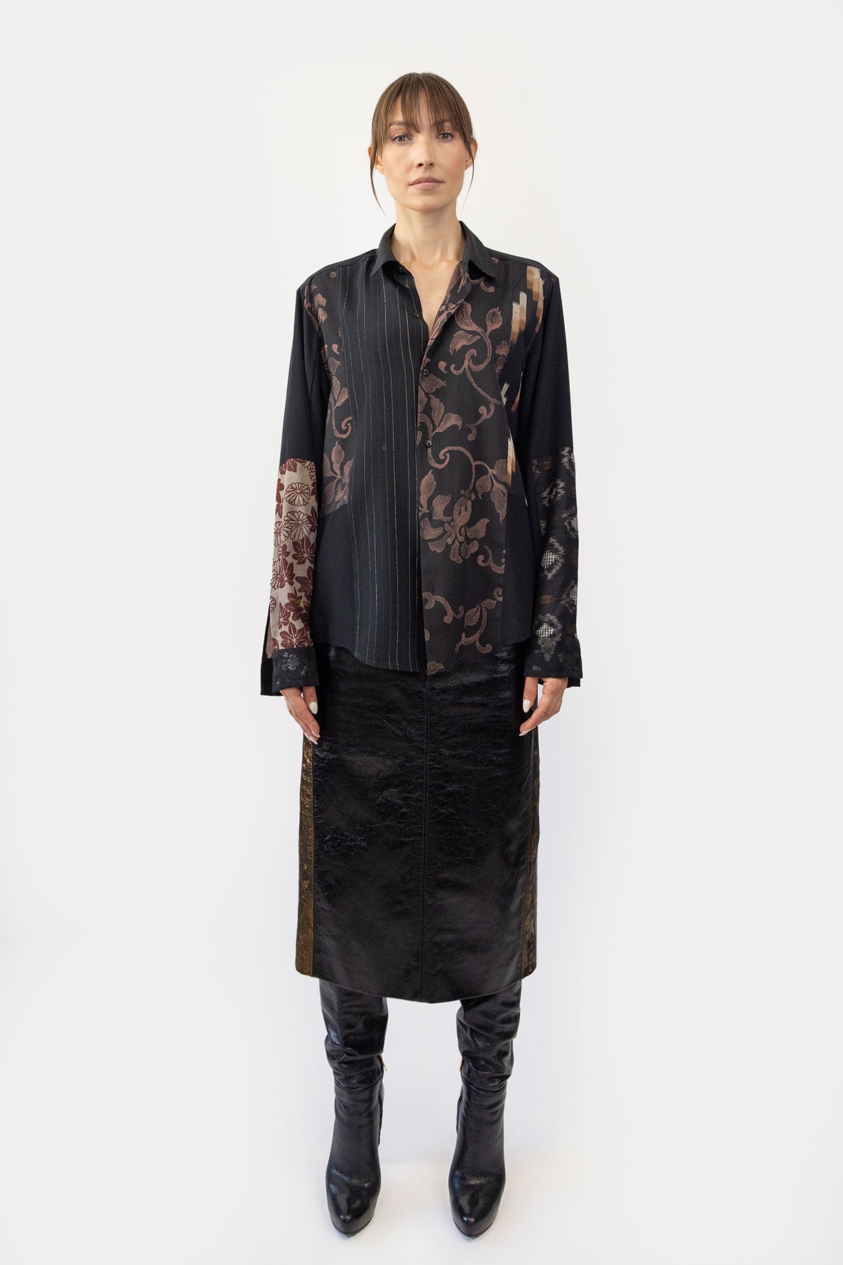 Long Line Patchworked Shirt in Silk Kimono Scraps