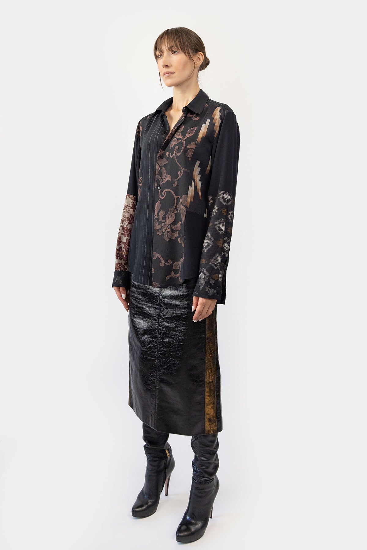 Long Line Patchworked Shirt in Silk Kimono Scraps