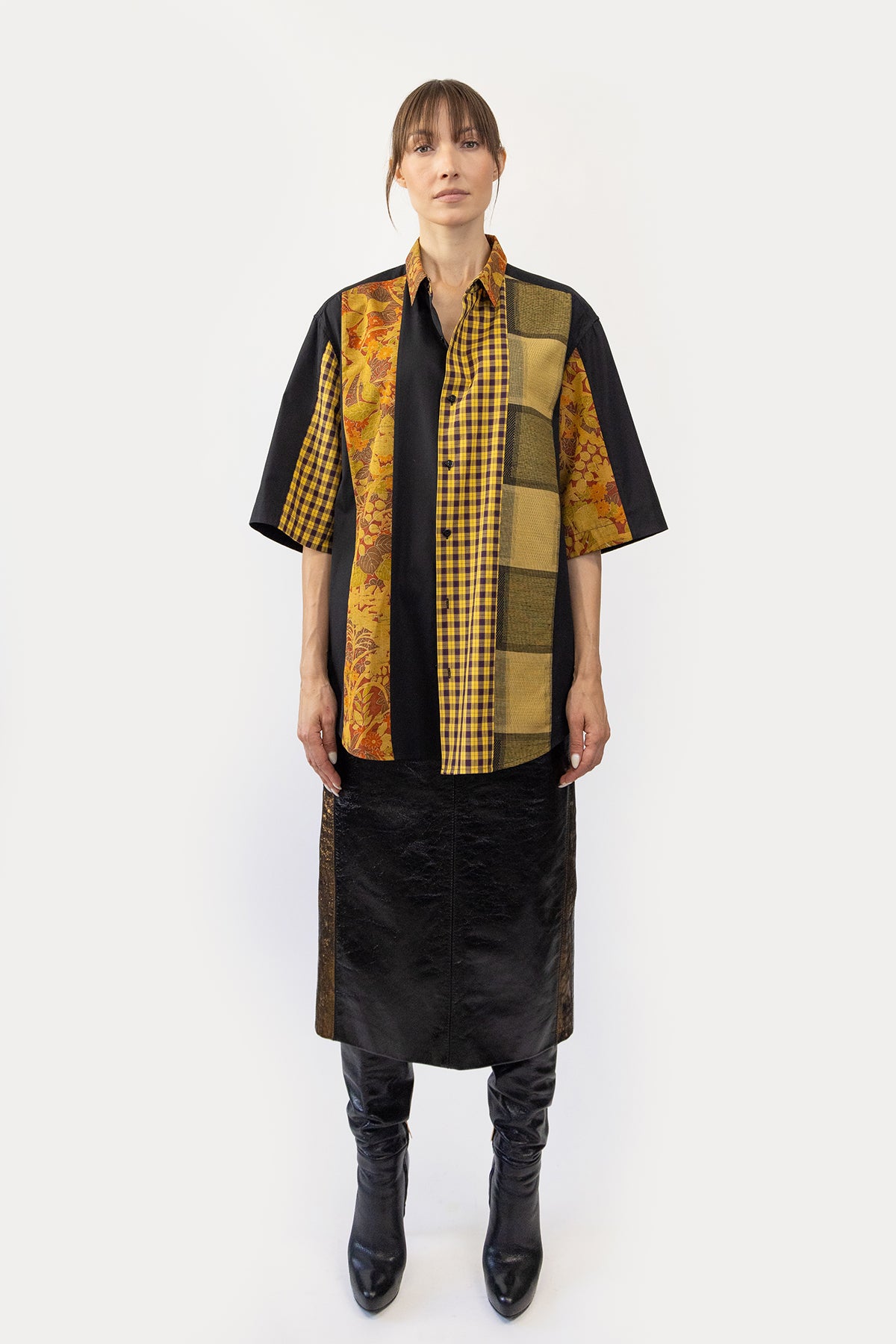 Short Sleeve Shirt in Silk Kimono and Poplin Combo