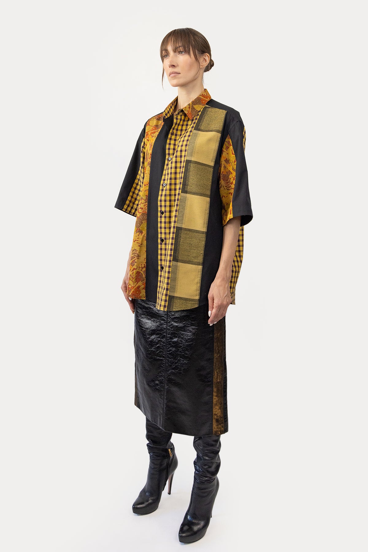 Short Sleeve Shirt in Silk Kimono and Poplin Combo