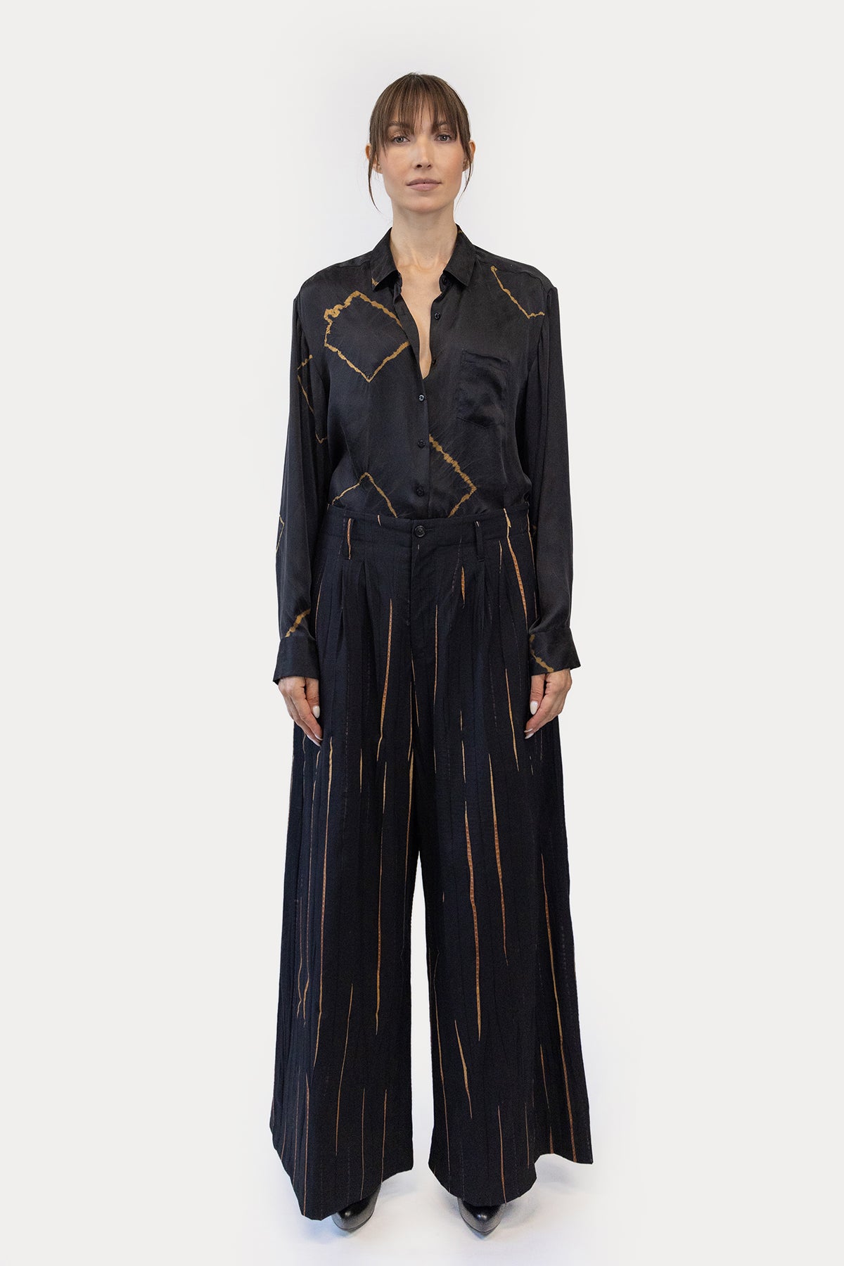 Wide Leg Pleat Pant in Shibori Wool