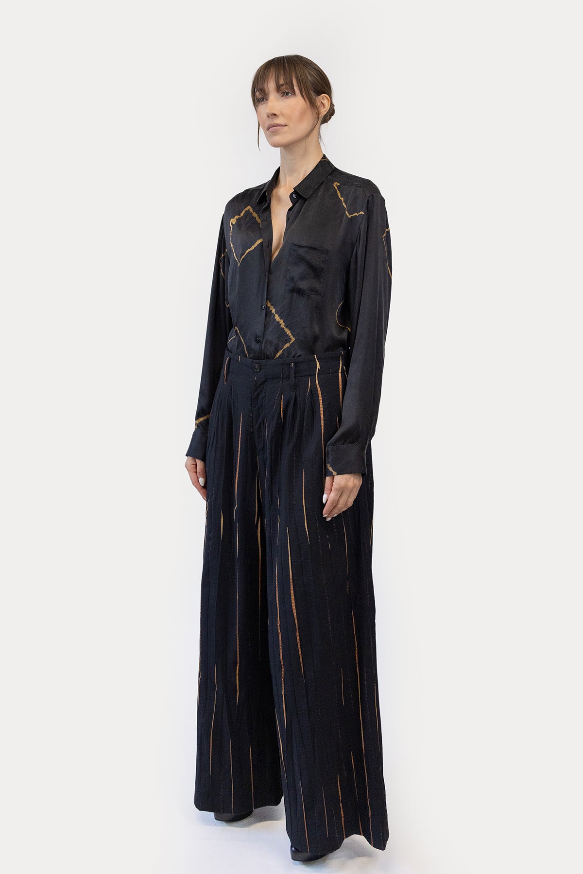 Wide Leg Pleat Pant in Shibori Wool